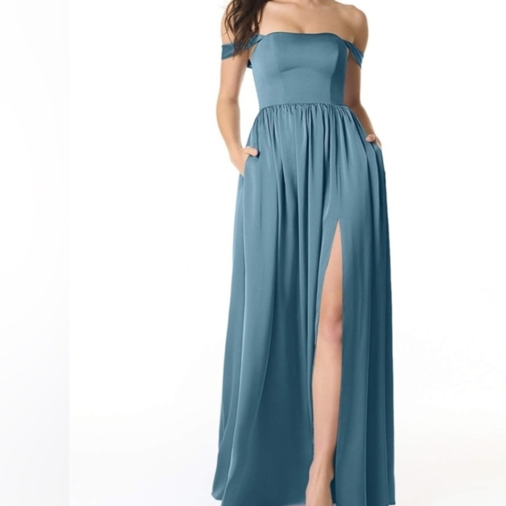Azazie Blue Off-Shoulder Slit Gown